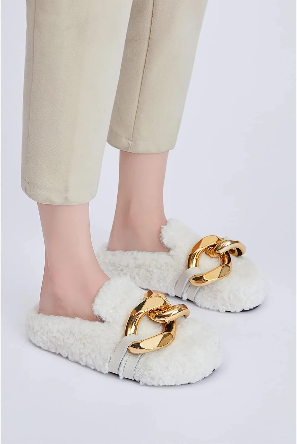 Women's Mules Flat Soft Teddy Twist Golden Chain Wool Slippers