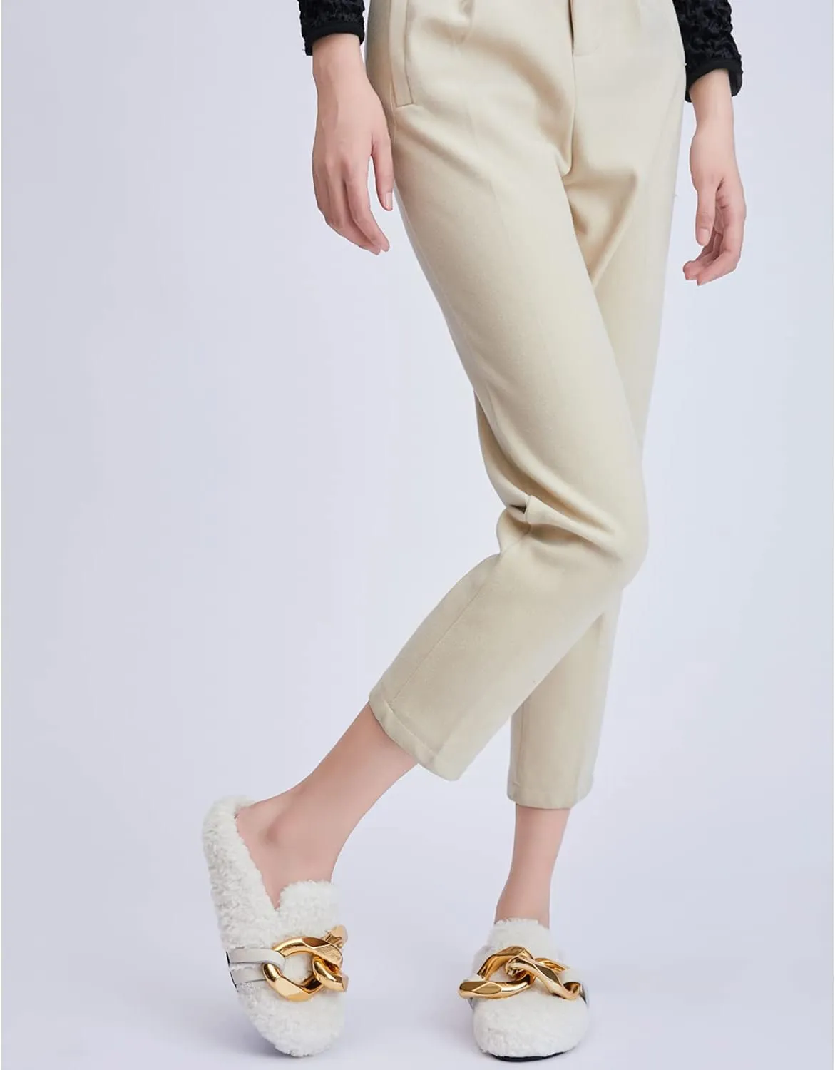 Women's Mules Flat Soft Teddy Twist Golden Chain Wool Slippers