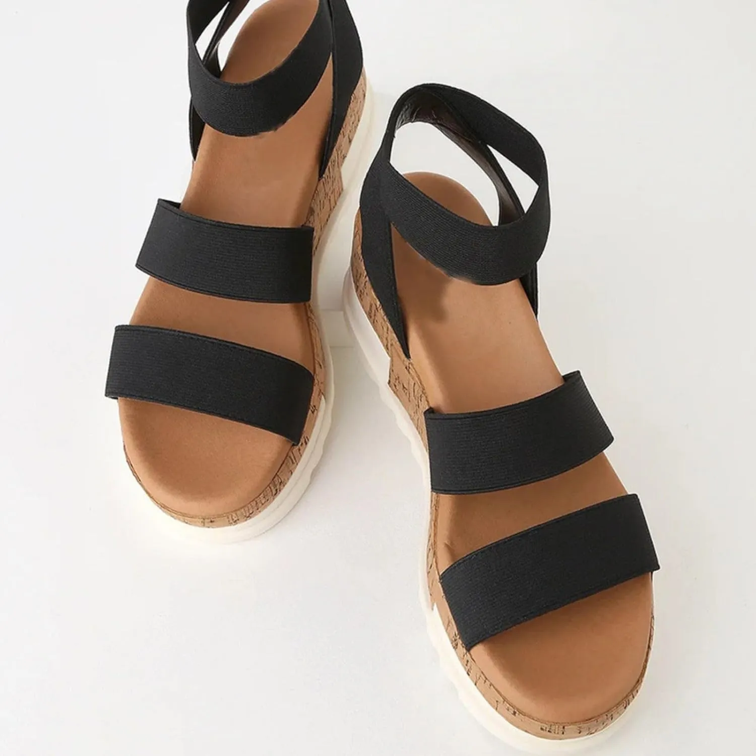 Women's Open Toe Elastic Ankle Strap Casual Platform Wedges Sandals Espadrilles Cork Flatform Slingback Summer Sandals Comfortable Slip On Lightweight Breathable Walking Work Beach Flat Sandal