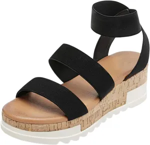 Women's Open Toe Elastic Ankle Strap Casual Platform Wedges Sandals Espadrilles Cork Flatform Slingback Summer Sandals Comfortable Slip On Lightweight Breathable Walking Work Beach Flat Sandal