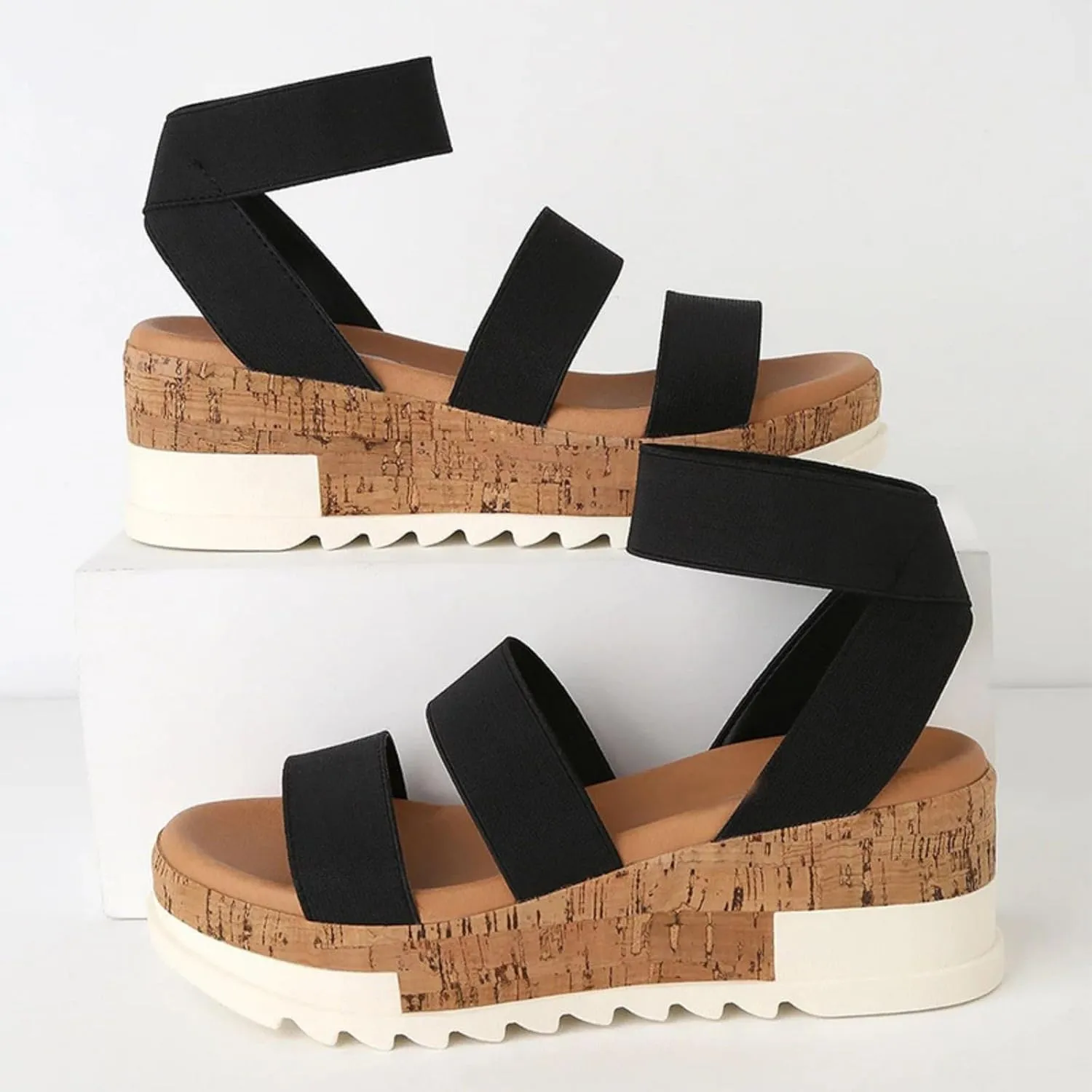 Women's Open Toe Elastic Ankle Strap Casual Platform Wedges Sandals Espadrilles Cork Flatform Slingback Summer Sandals Comfortable Slip On Lightweight Breathable Walking Work Beach Flat Sandal