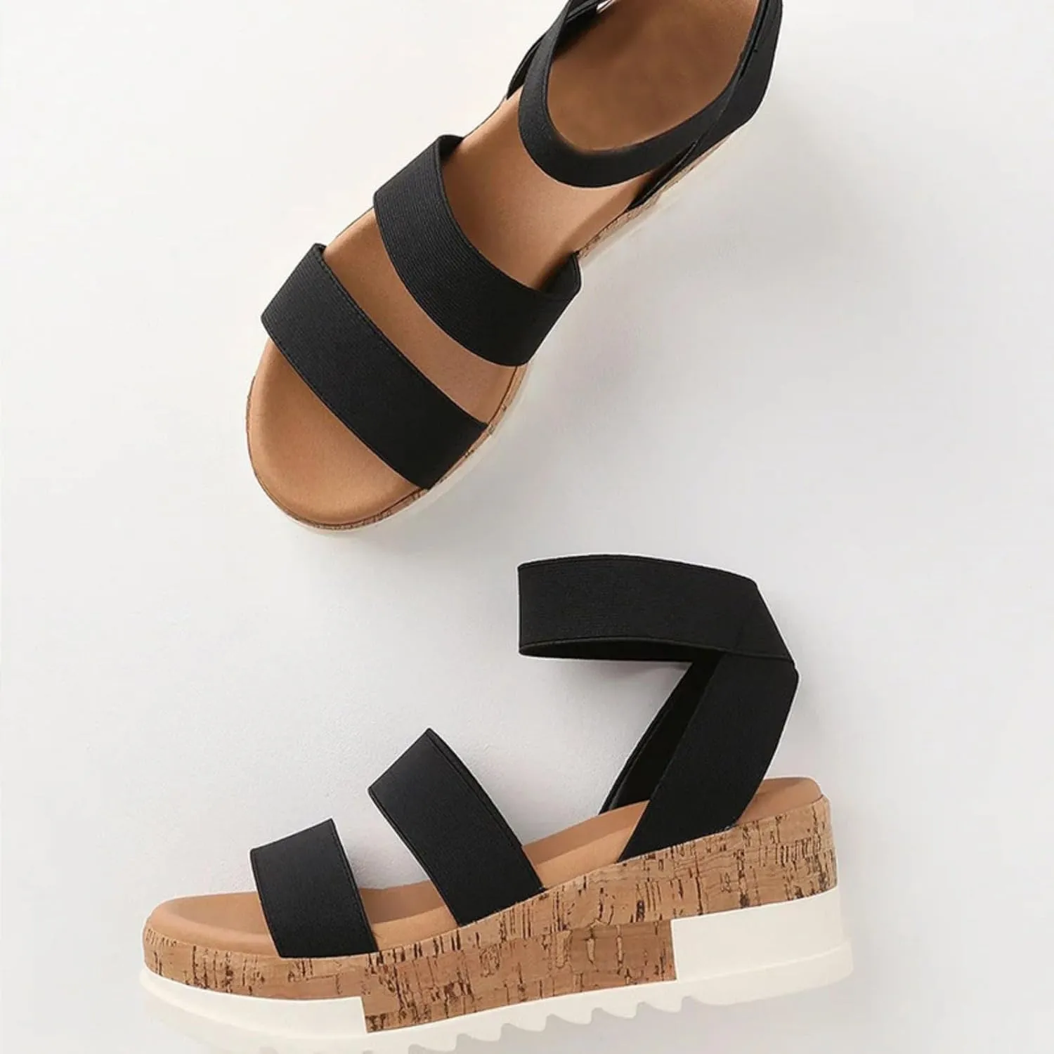 Women's Open Toe Elastic Ankle Strap Casual Platform Wedges Sandals Espadrilles Cork Flatform Slingback Summer Sandals Comfortable Slip On Lightweight Breathable Walking Work Beach Flat Sandal