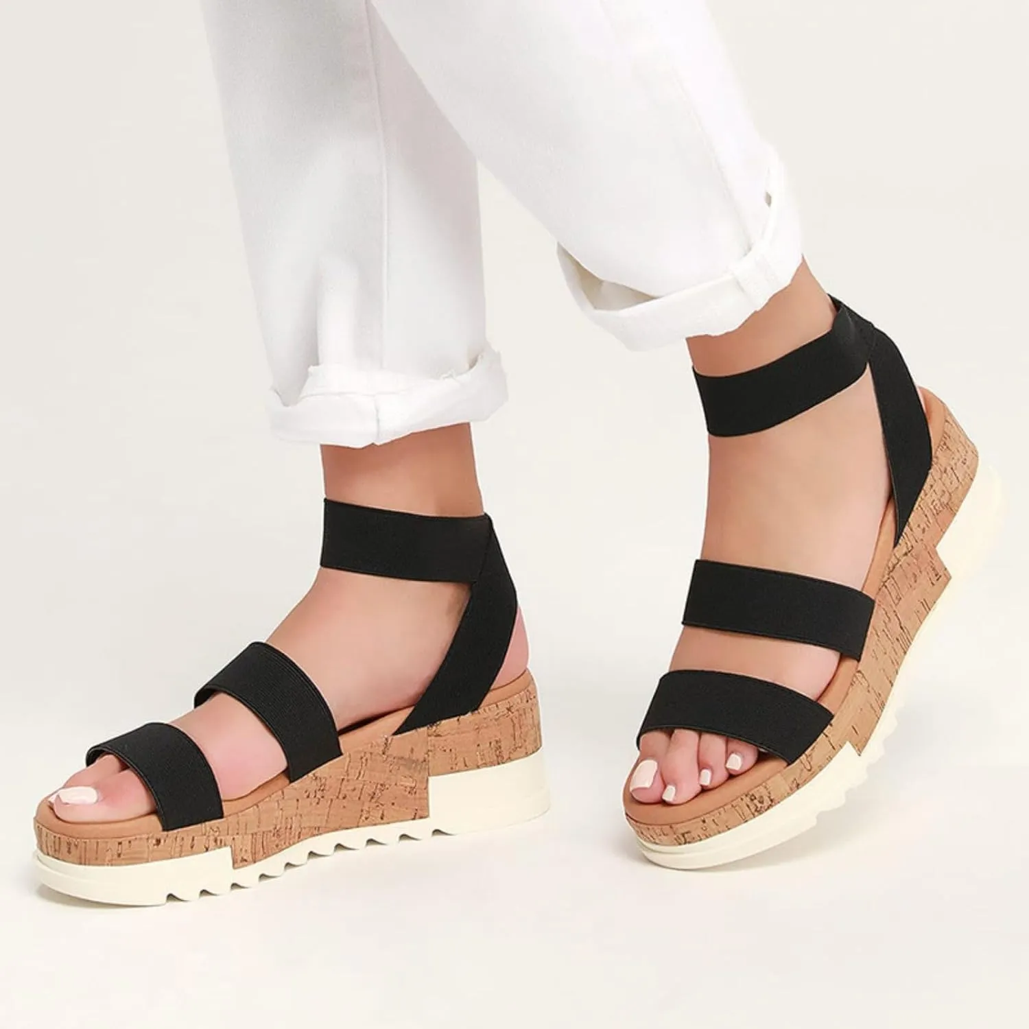 Women's Open Toe Elastic Ankle Strap Casual Platform Wedges Sandals Espadrilles Cork Flatform Slingback Summer Sandals Comfortable Slip On Lightweight Breathable Walking Work Beach Flat Sandal