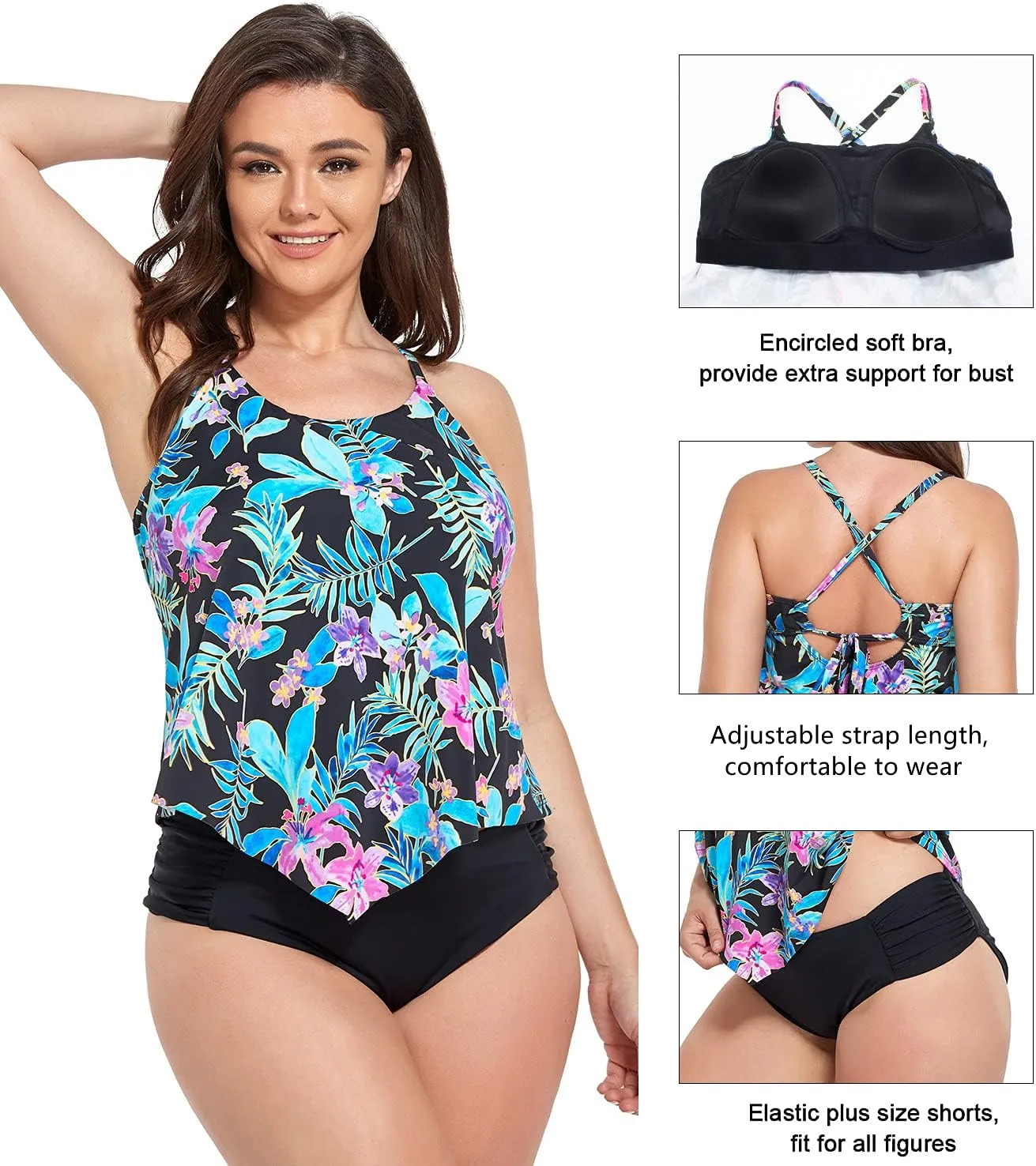 Women's Plus Size Tankini Swimsuits Two Piece Bathing Suits for Women Swimwear Tankini Top with Shorts