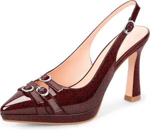Women's Pointed Toe Slingback Platform High Heel Pumps Slip On 3.94 Inch Buckle Strap Adjustable Patent Leather US Size 6-12