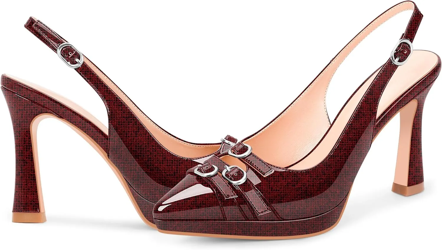 Women's Pointed Toe Slingback Platform High Heel Pumps Slip On 3.94 Inch Buckle Strap Adjustable Patent Leather US Size 6-12