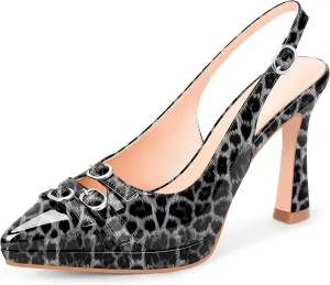 Women's Pointed Toe Slingback Platform High Heel Pumps Slip On 3.94 Inch Buckle Strap Adjustable Patent Leather US Size 6-12