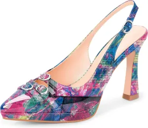 Women's Pointed Toe Slingback Platform High Heel Pumps Slip On 3.94 Inch Buckle Strap Adjustable Patent Leather US Size 6-12
