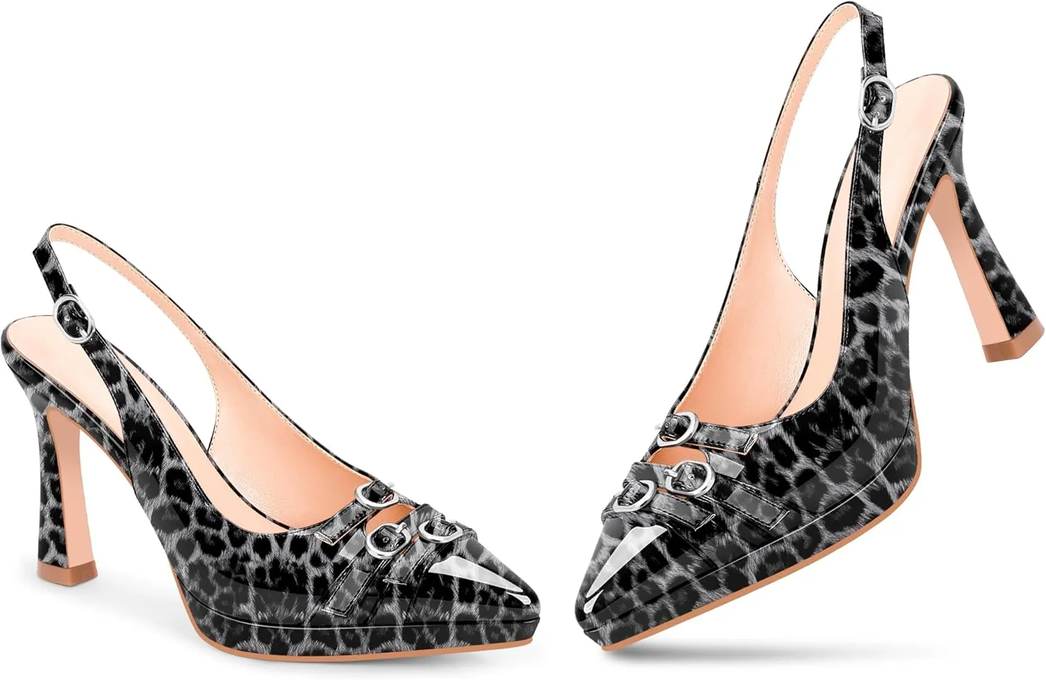 Women's Pointed Toe Slingback Platform High Heel Pumps Slip On 3.94 Inch Buckle Strap Adjustable Patent Leather US Size 6-12
