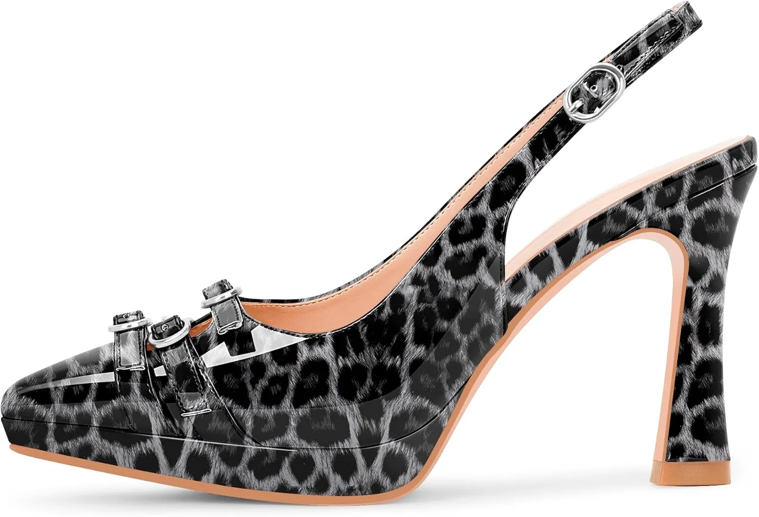 Women's Pointed Toe Slingback Platform High Heel Pumps Slip On 3.94 Inch Buckle Strap Adjustable Patent Leather US Size 6-12