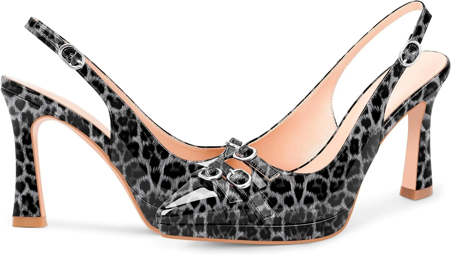 Women's Pointed Toe Slingback Platform High Heel Pumps Slip On 3.94 Inch Buckle Strap Adjustable Patent Leather US Size 6-12