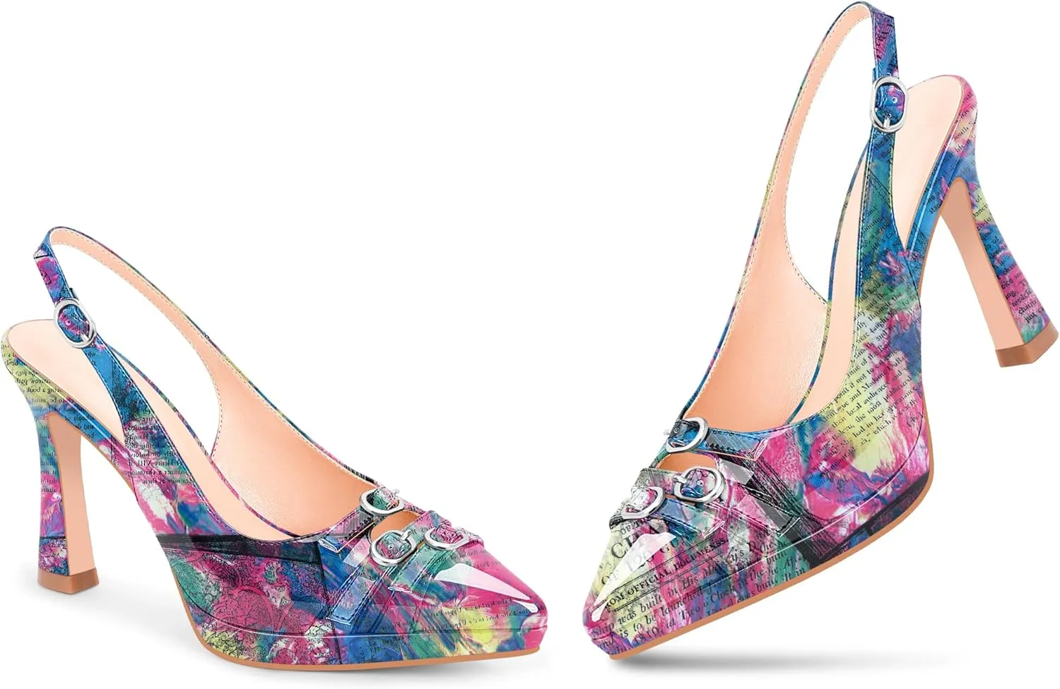 Women's Pointed Toe Slingback Platform High Heel Pumps Slip On 3.94 Inch Buckle Strap Adjustable Patent Leather US Size 6-12