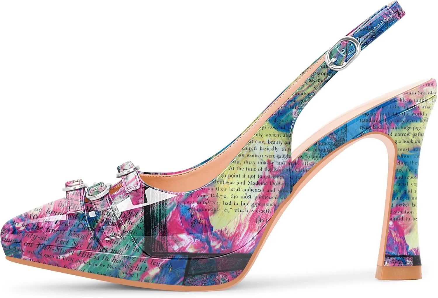 Women's Pointed Toe Slingback Platform High Heel Pumps Slip On 3.94 Inch Buckle Strap Adjustable Patent Leather US Size 6-12