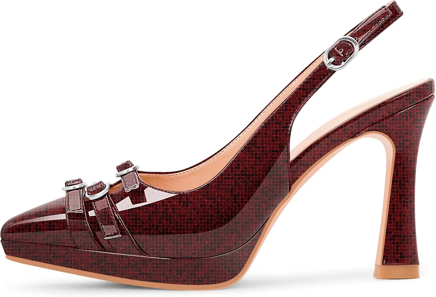 Women's Pointed Toe Slingback Platform High Heel Pumps Slip On 3.94 Inch Buckle Strap Adjustable Patent Leather US Size 6-12