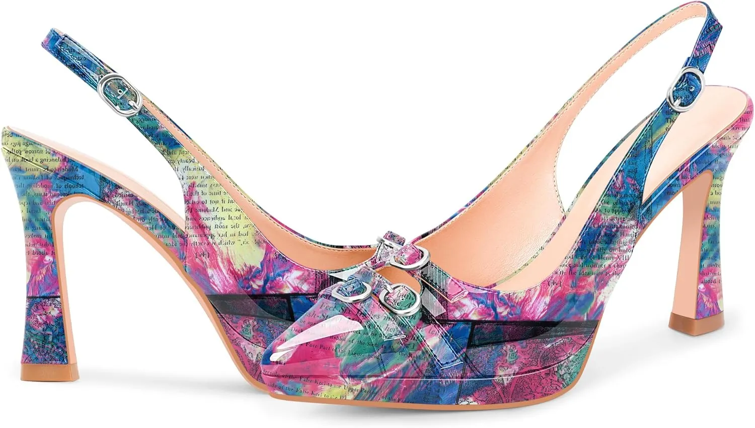 Women's Pointed Toe Slingback Platform High Heel Pumps Slip On 3.94 Inch Buckle Strap Adjustable Patent Leather US Size 6-12