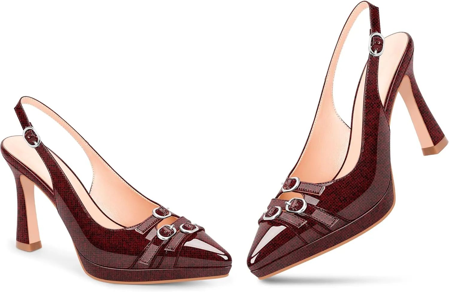 Women's Pointed Toe Slingback Platform High Heel Pumps Slip On 3.94 Inch Buckle Strap Adjustable Patent Leather US Size 6-12