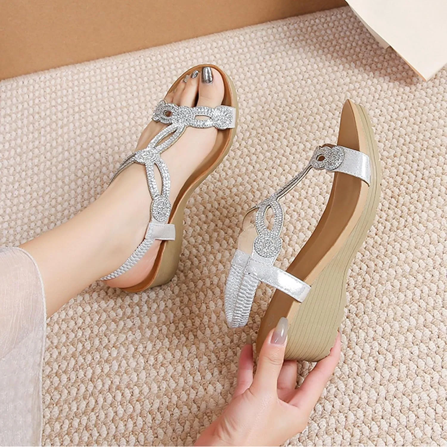 Womens Sandals Beach Flowers Women Summer Fashion Breathable Wedge Low Heel Open Toe Dressy Elastic Ankle Strap Rhinestone Platform Wedges Sandal Comfortable Bohemian Fashion Shoes