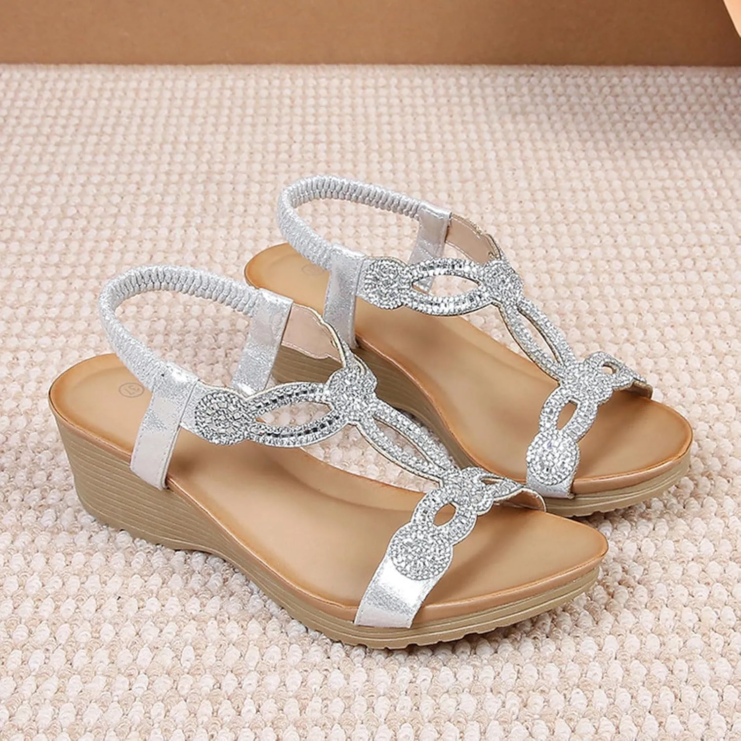 Womens Sandals Beach Flowers Women Summer Fashion Breathable Wedge Low Heel Open Toe Dressy Elastic Ankle Strap Rhinestone Platform Wedges Sandal Comfortable Bohemian Fashion Shoes