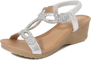 Womens Sandals Beach Flowers Women Summer Fashion Breathable Wedge Low Heel Open Toe Dressy Elastic Ankle Strap Rhinestone Platform Wedges Sandal Comfortable Bohemian Fashion Shoes