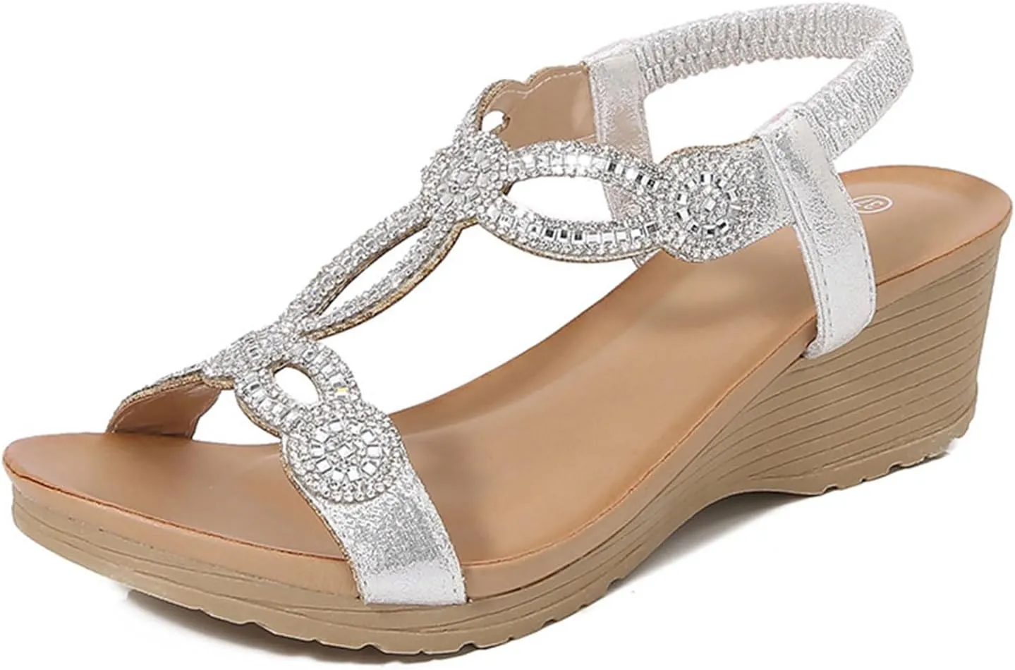 Womens Sandals Beach Flowers Women Summer Fashion Breathable Wedge Low Heel Open Toe Dressy Elastic Ankle Strap Rhinestone Platform Wedges Sandal Comfortable Bohemian Fashion Shoes