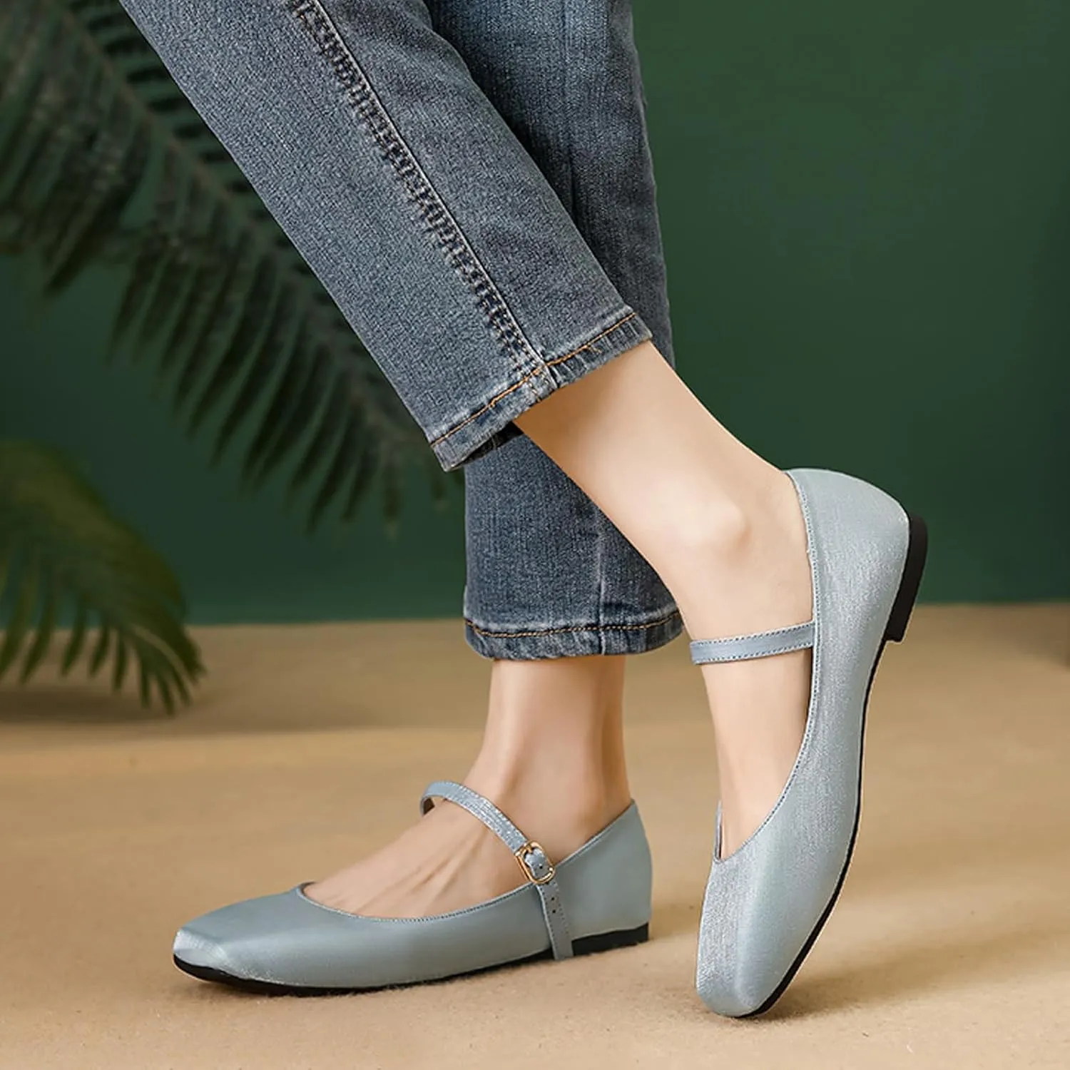 Women's Satin Square Toe Flat Retro Mary Jane Shoes Comfortable Lightweight Adjust One Strap Soft Dress Flat Shoes for Casual Walking Work