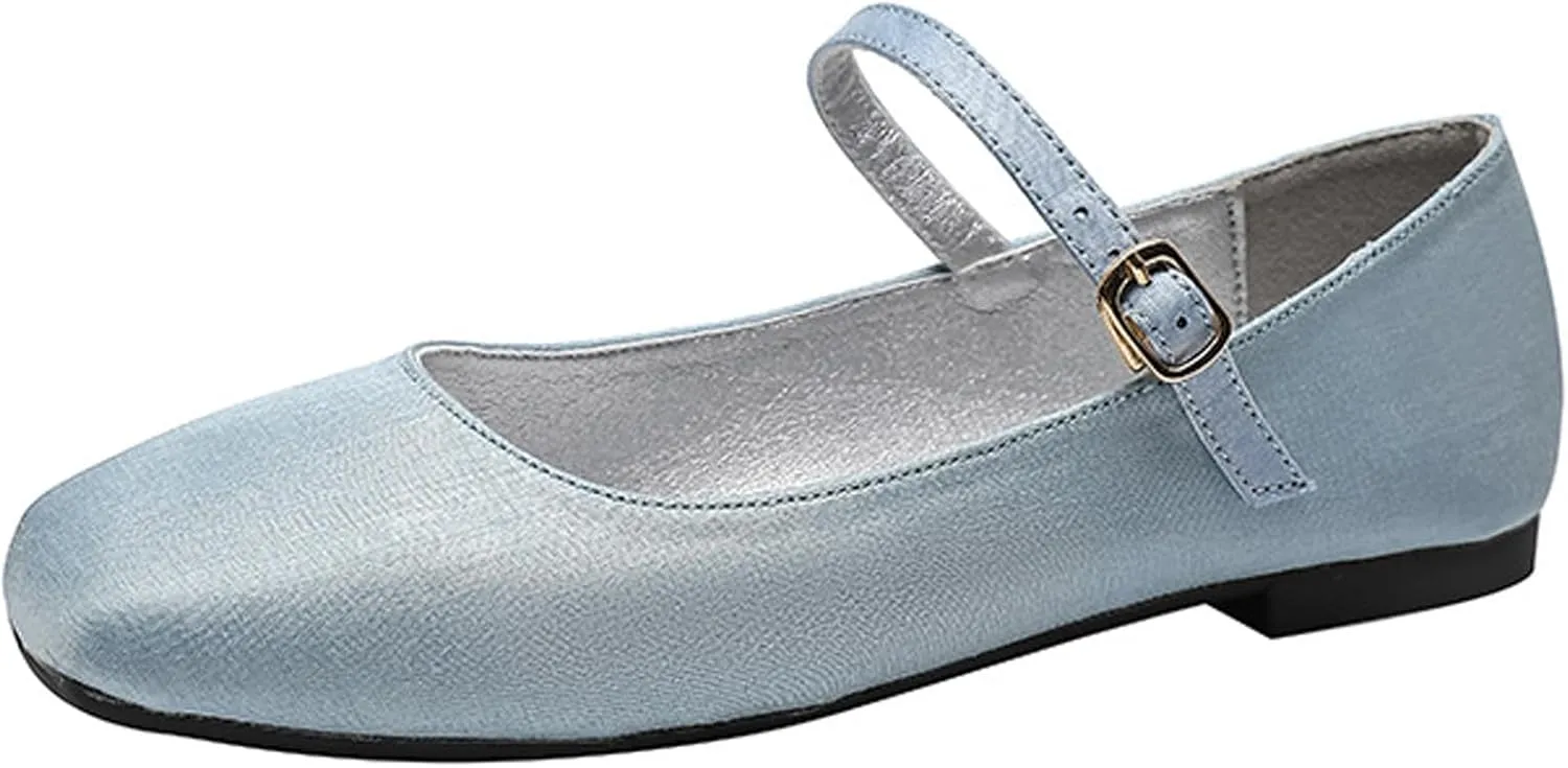 Women's Satin Square Toe Flat Retro Mary Jane Shoes Comfortable Lightweight Adjust One Strap Soft Dress Flat Shoes for Casual Walking Work