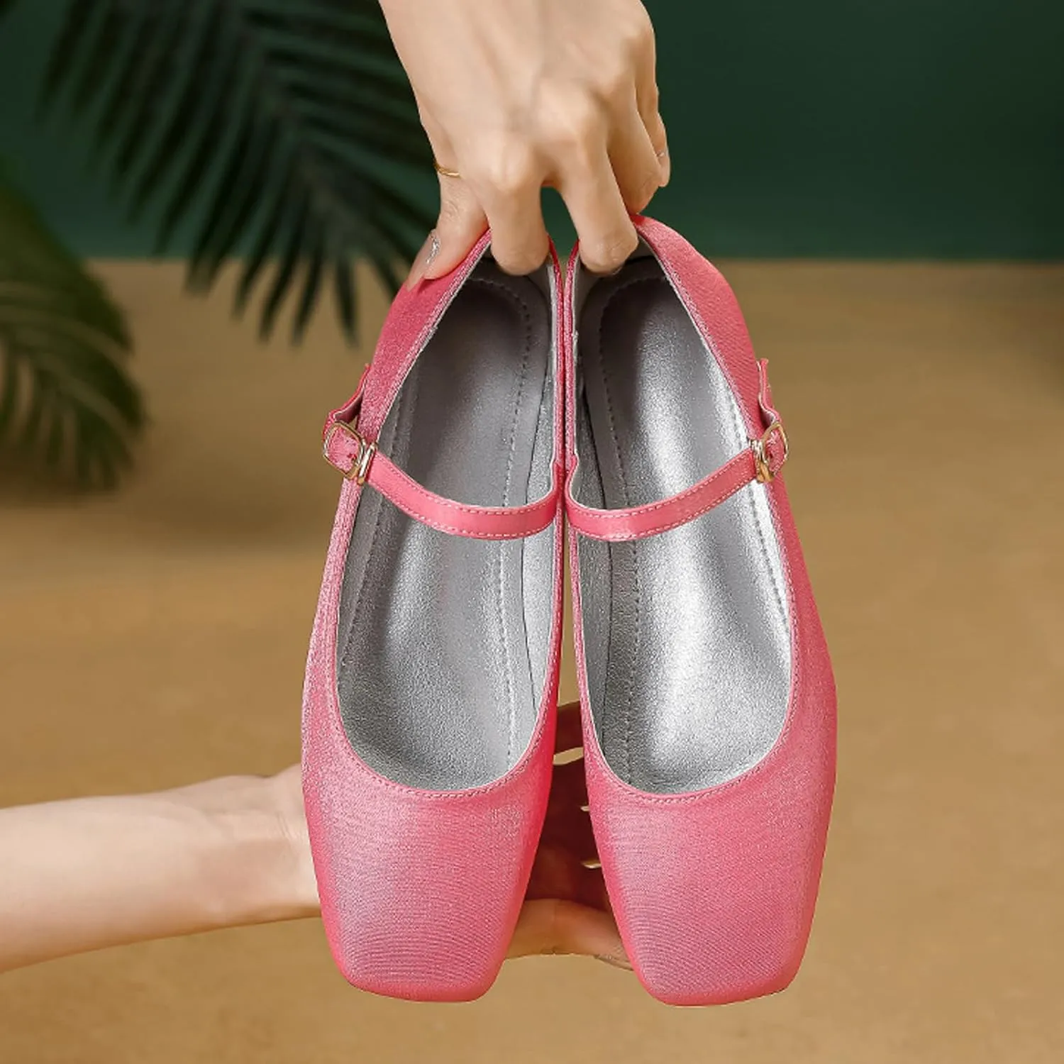 Women's Satin Square Toe Flat Retro Mary Jane Shoes Comfortable Lightweight Adjust One Strap Soft Dress Flat Shoes for Casual Walking Work