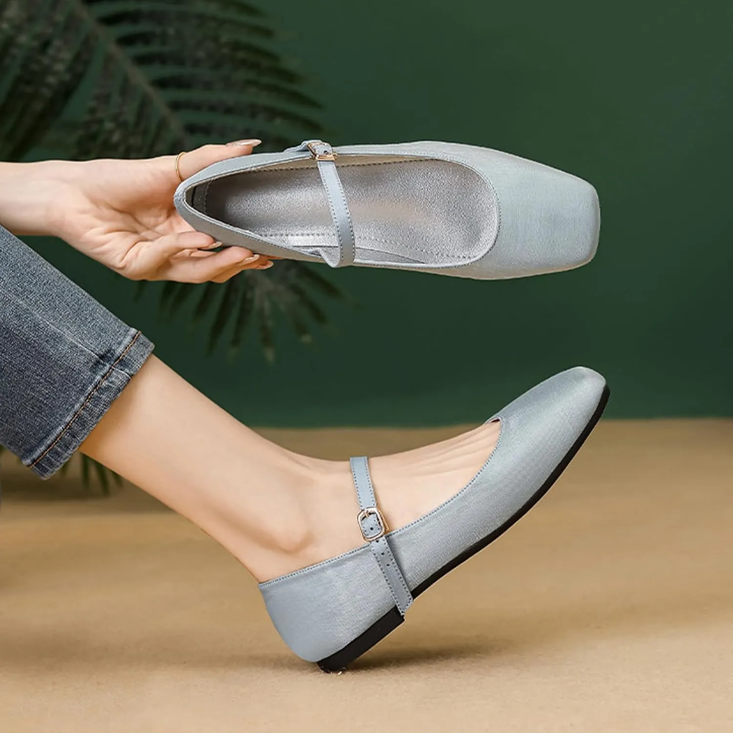 Women's Satin Square Toe Flat Retro Mary Jane Shoes Comfortable Lightweight Adjust One Strap Soft Dress Flat Shoes for Casual Walking Work