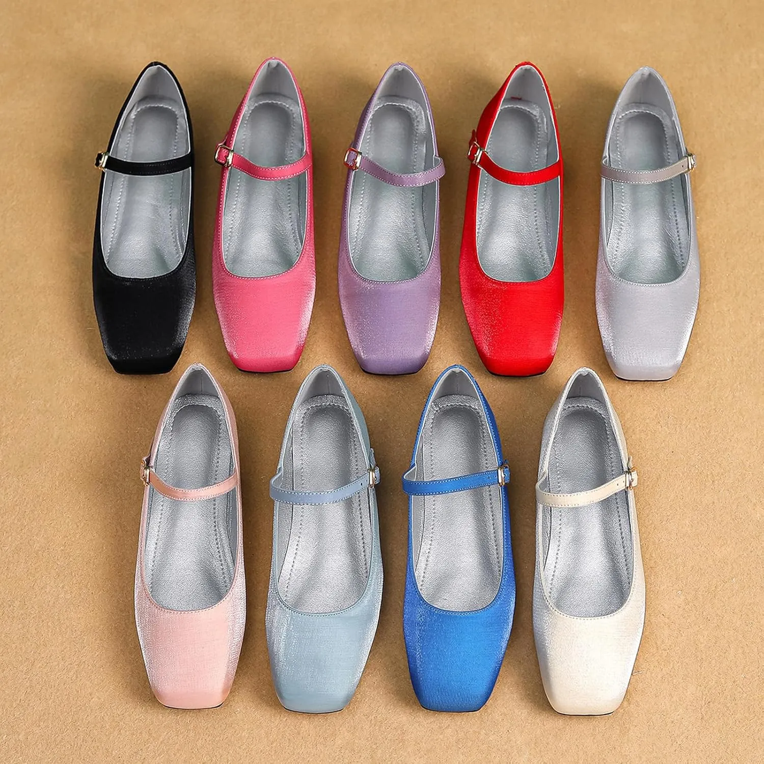 Women's Satin Square Toe Flat Retro Mary Jane Shoes Comfortable Lightweight Adjust One Strap Soft Dress Flat Shoes for Casual Walking Work