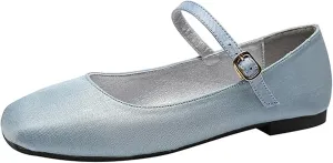 Women's Satin Square Toe Flat Retro Mary Jane Shoes Comfortable Lightweight Adjust One Strap Soft Dress Flat Shoes for Casual Walking Work