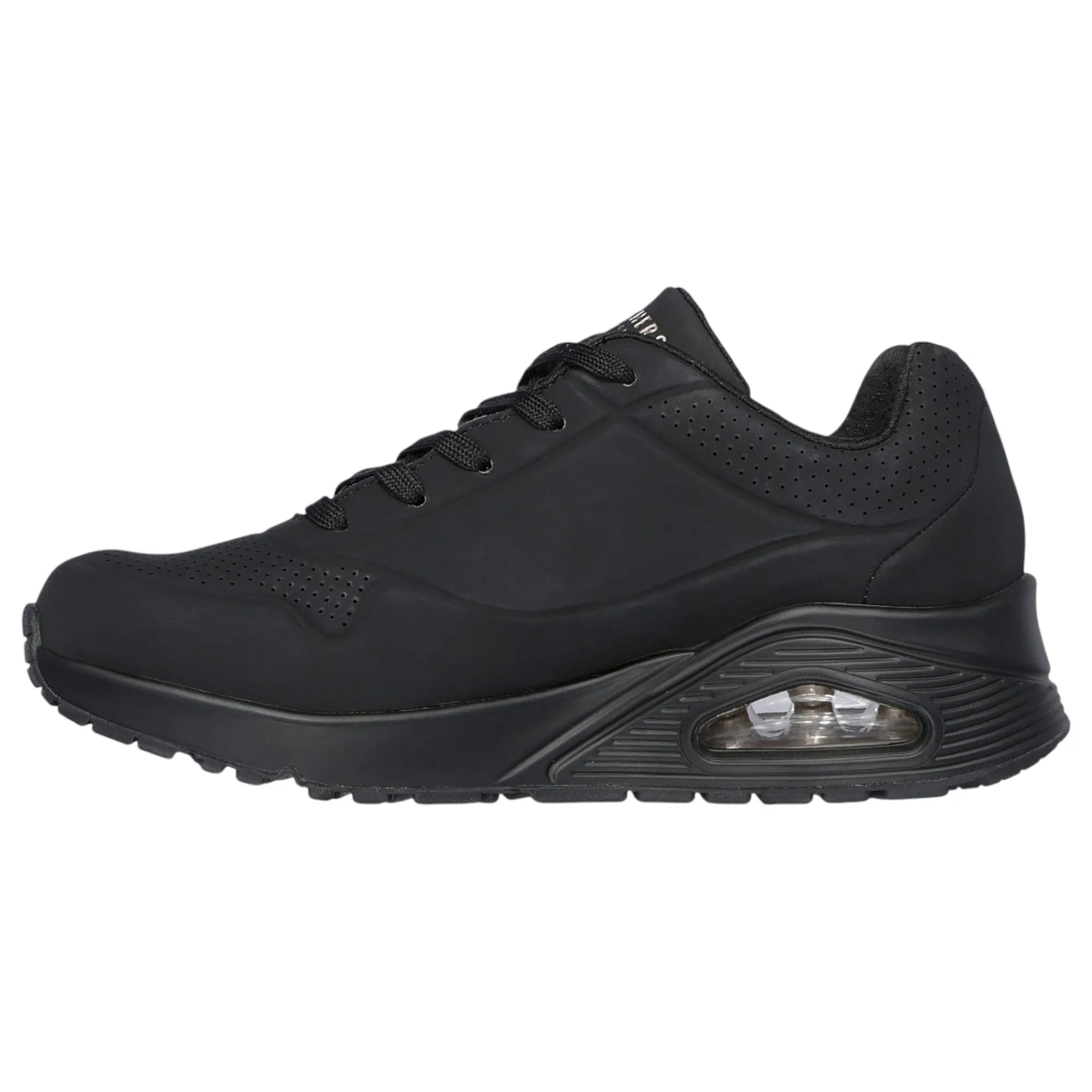 Womens Skechers Uno - Stand On Air Black/Black Lace Up Sneaker Shoes