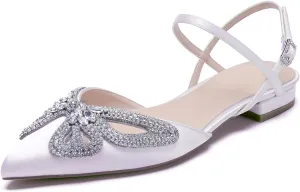 Women's Slingback Flats Rhinestones Bow Flat Pumps for Women Pointed Toe Comfort Flat Wedding Dress Shoes Sandals