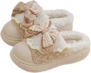 Women's Soft Plush Slippers with Cute Bow, Non-Slip Cotton Slippers, Furry Comfy Flat Slip-On House Shoes for Women