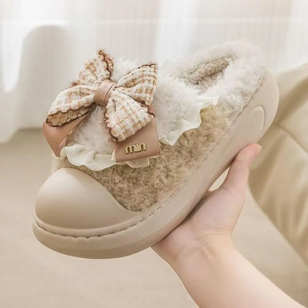 Women's Soft Plush Slippers with Cute Bow, Non-Slip Cotton Slippers, Furry Comfy Flat Slip-On House Shoes for Women