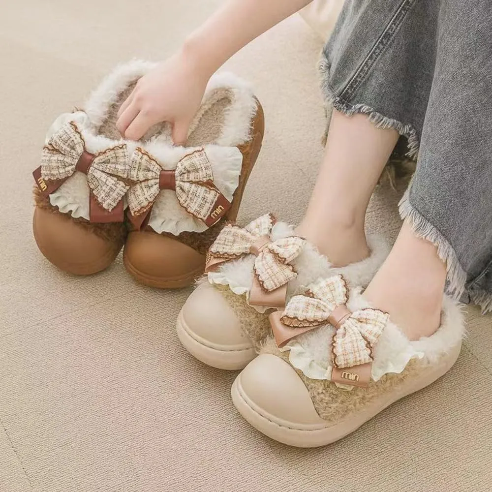 Women's Soft Plush Slippers with Cute Bow, Non-Slip Cotton Slippers, Furry Comfy Flat Slip-On House Shoes for Women