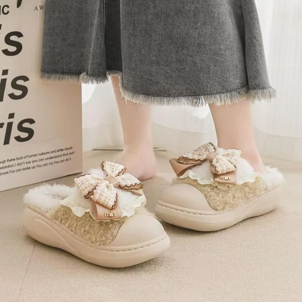 Women's Soft Plush Slippers with Cute Bow, Non-Slip Cotton Slippers, Furry Comfy Flat Slip-On House Shoes for Women