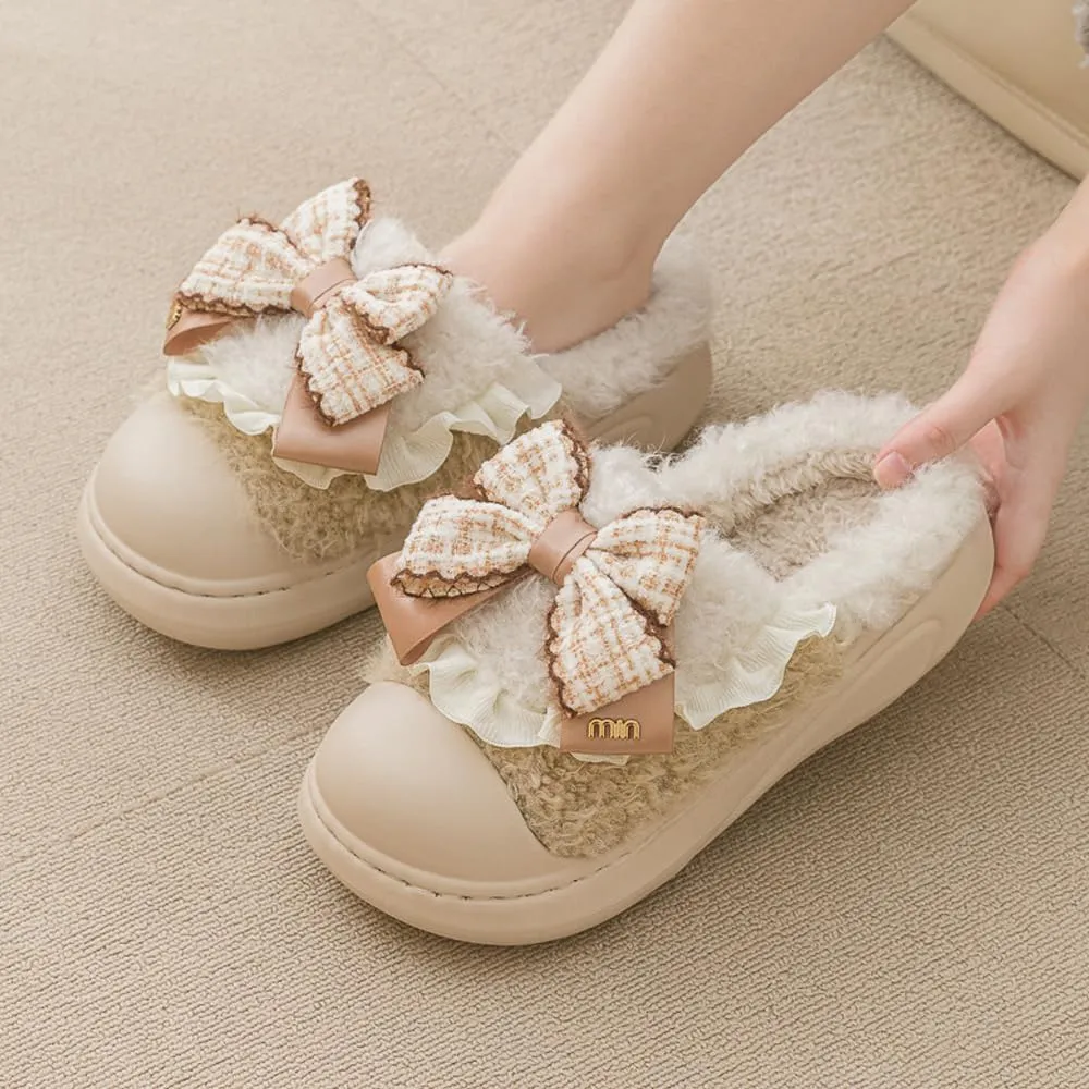 Women's Soft Plush Slippers with Cute Bow, Non-Slip Cotton Slippers, Furry Comfy Flat Slip-On House Shoes for Women