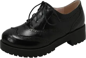 Womens Vintage Wingtip Lace Up Oxford Shoes Chunky Flat Low Heel Pumps Round Toe
