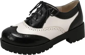 Womens Vintage Wingtip Lace Up Oxford Shoes Chunky Flat Low Heel Pumps Round Toe