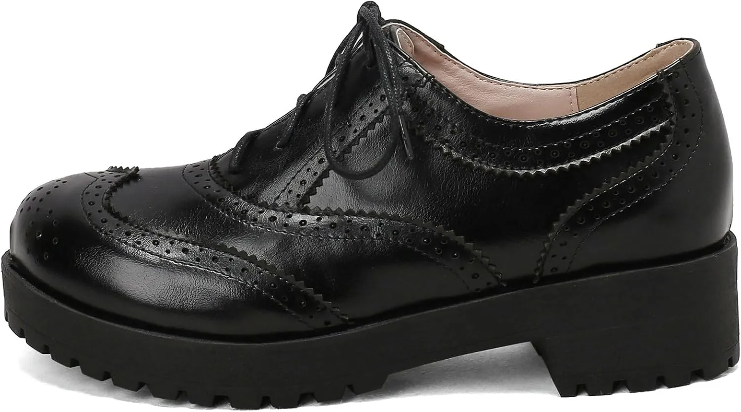 Womens Vintage Wingtip Lace Up Oxford Shoes Chunky Flat Low Heel Pumps Round Toe