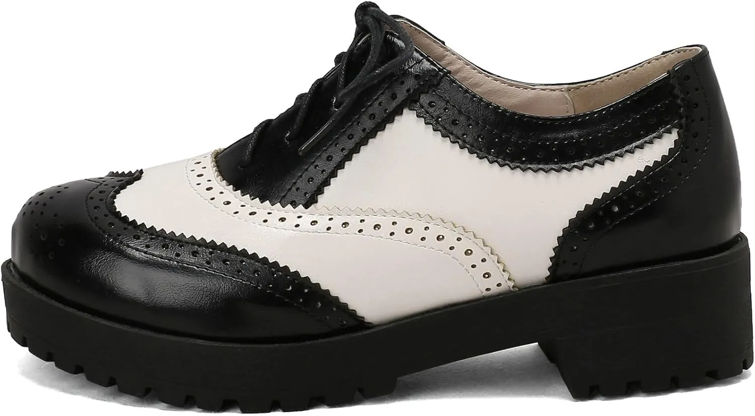 Womens Vintage Wingtip Lace Up Oxford Shoes Chunky Flat Low Heel Pumps Round Toe