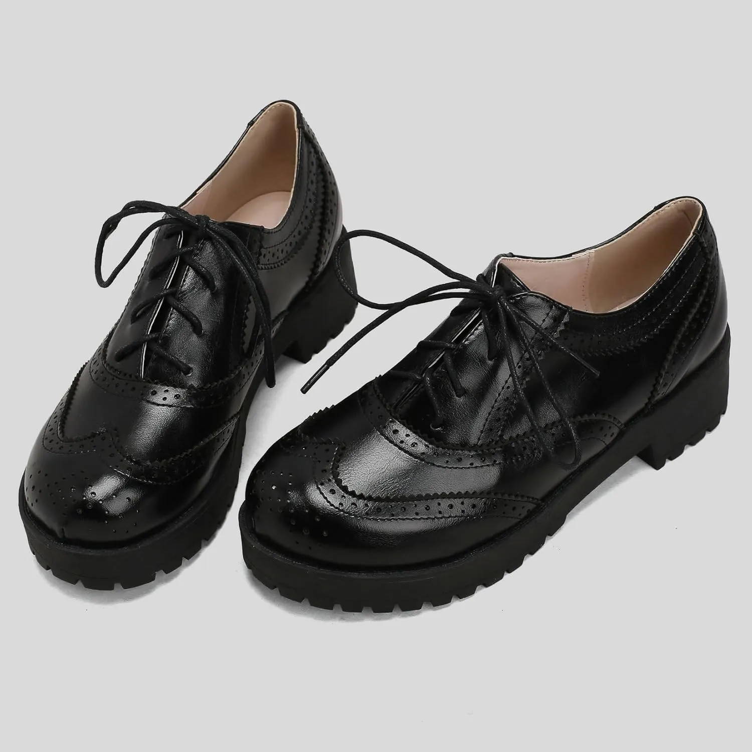 Womens Vintage Wingtip Lace Up Oxford Shoes Chunky Flat Low Heel Pumps Round Toe