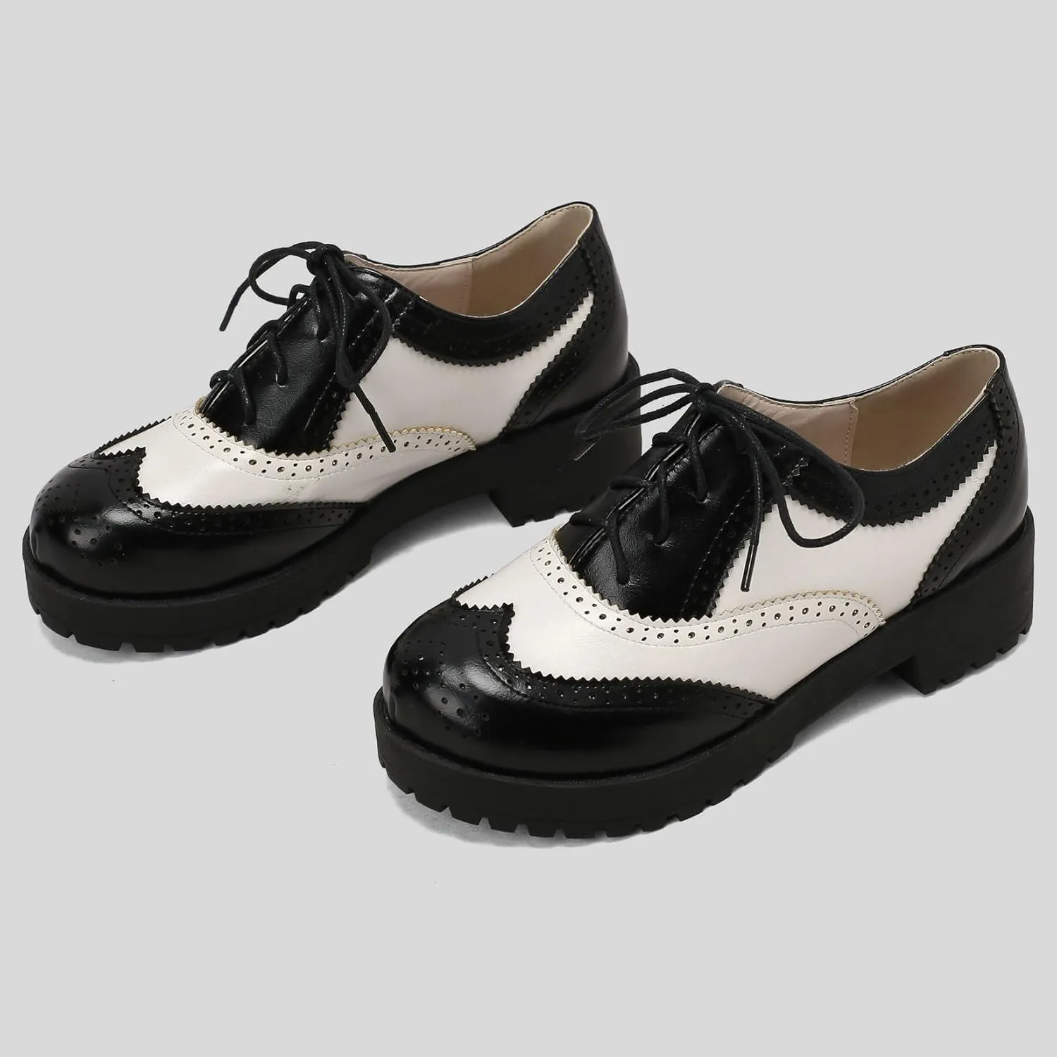 Womens Vintage Wingtip Lace Up Oxford Shoes Chunky Flat Low Heel Pumps Round Toe