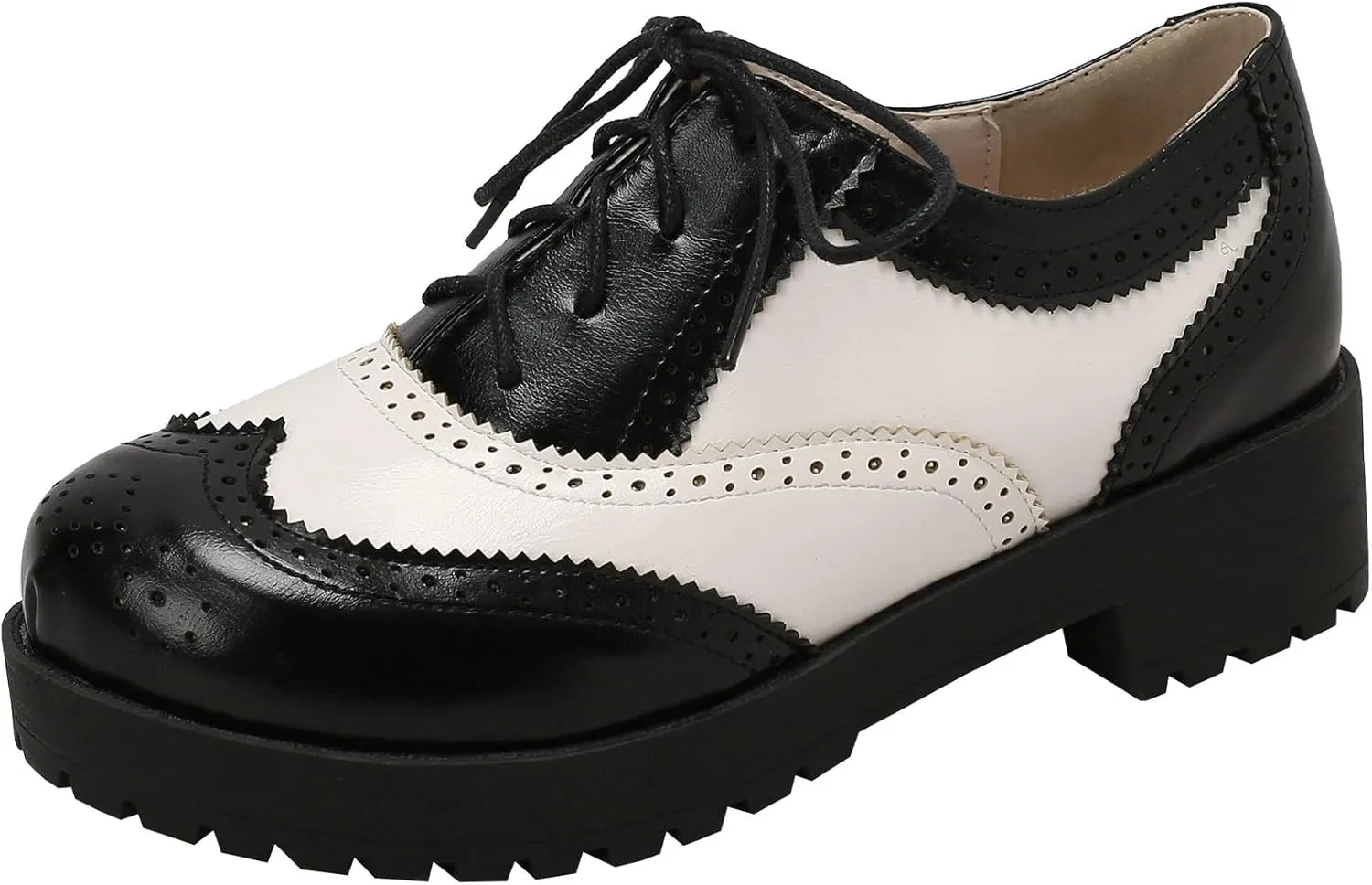 Womens Vintage Wingtip Lace Up Oxford Shoes Chunky Flat Low Heel Pumps Round Toe