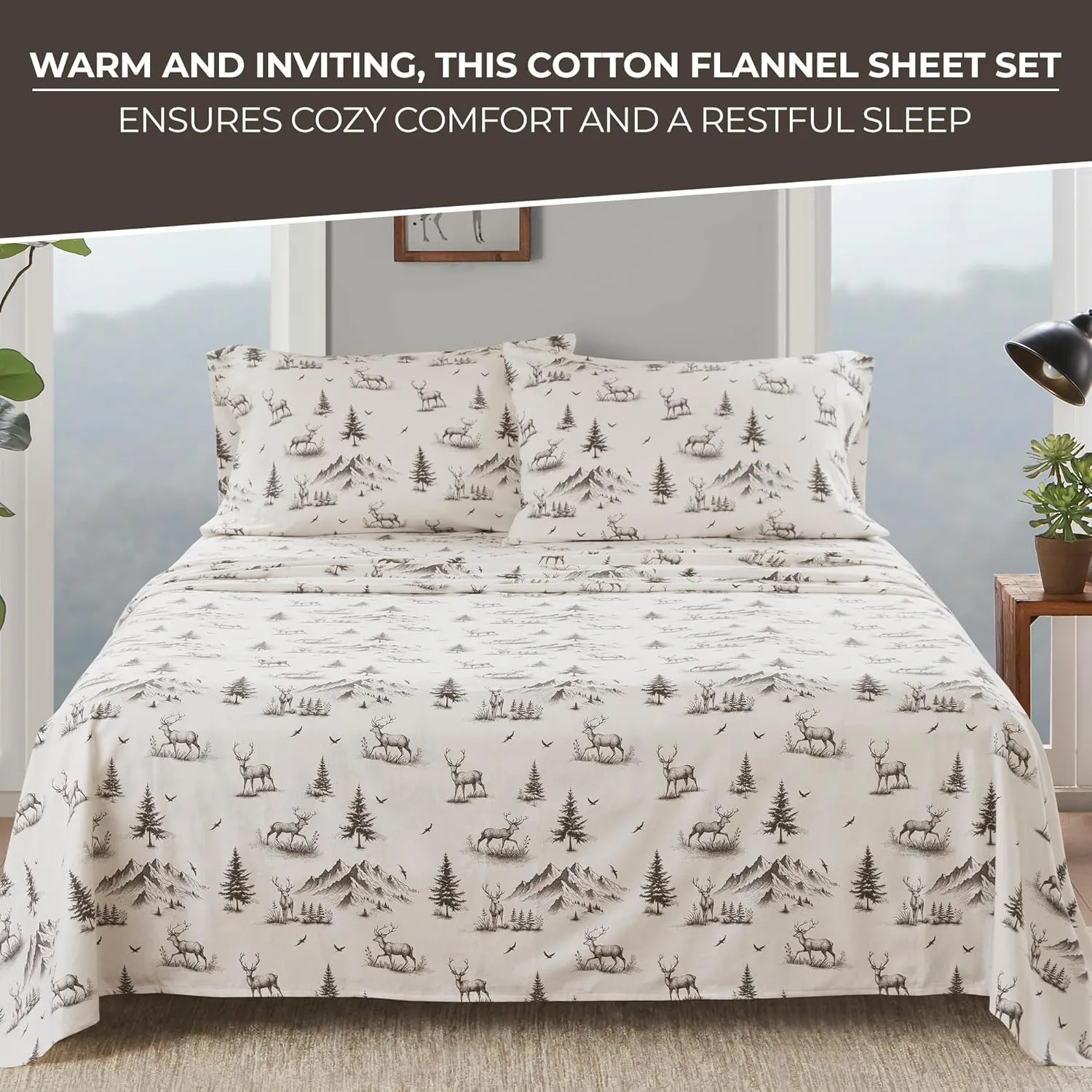 Woolrich Cotton Sheet Set Cottage Charms Print, 100% Cotton Flannel Sheets Warm & Fuzzy Bedding Set Queen Size Sheets, Fitted Pocket Fits Up to 14" Mattress, Queen Gray Deer Toile 4 Piece