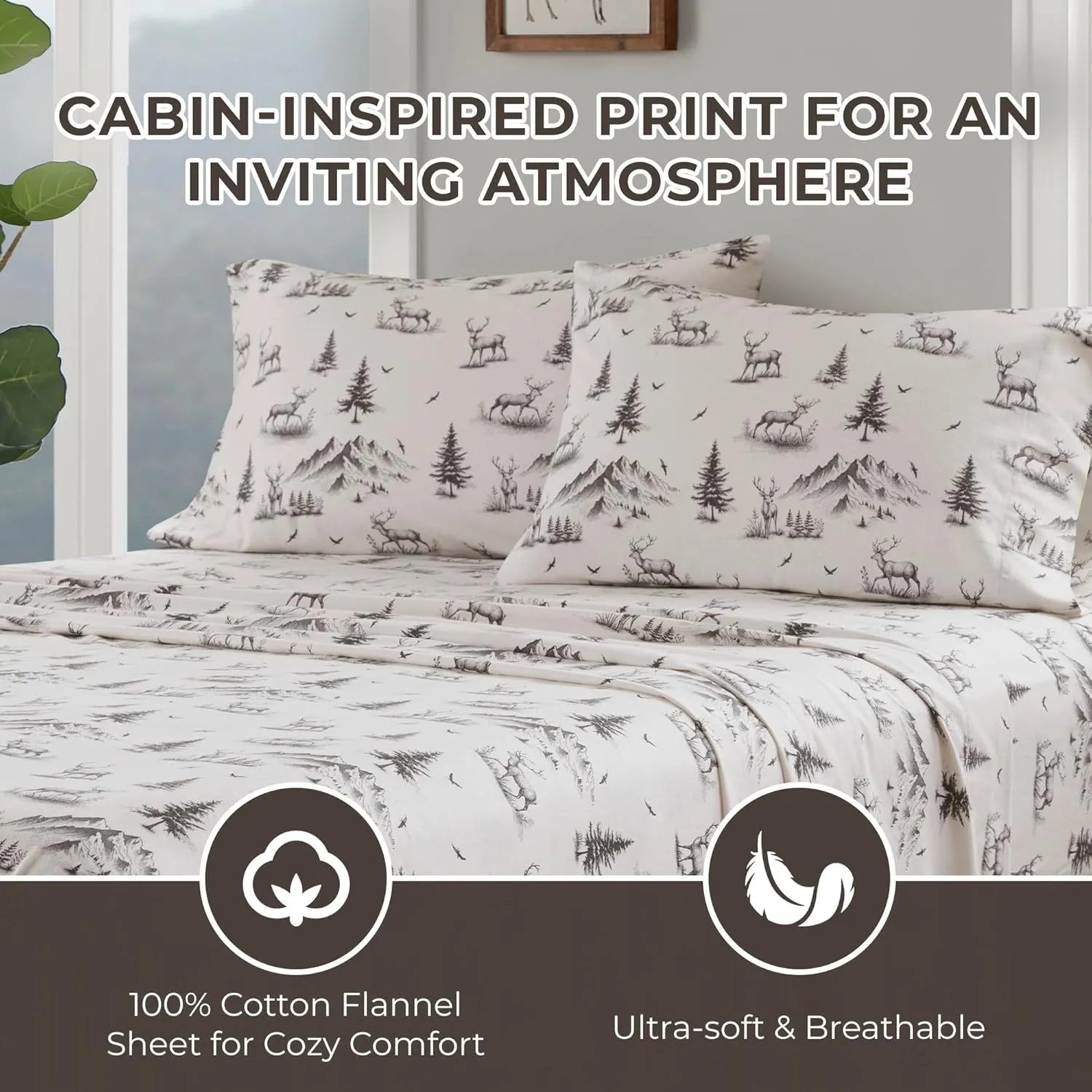 Woolrich Cotton Sheet Set Cottage Charms Print, 100% Cotton Flannel Sheets Warm & Fuzzy Bedding Set Queen Size Sheets, Fitted Pocket Fits Up to 14" Mattress, Queen Gray Deer Toile 4 Piece