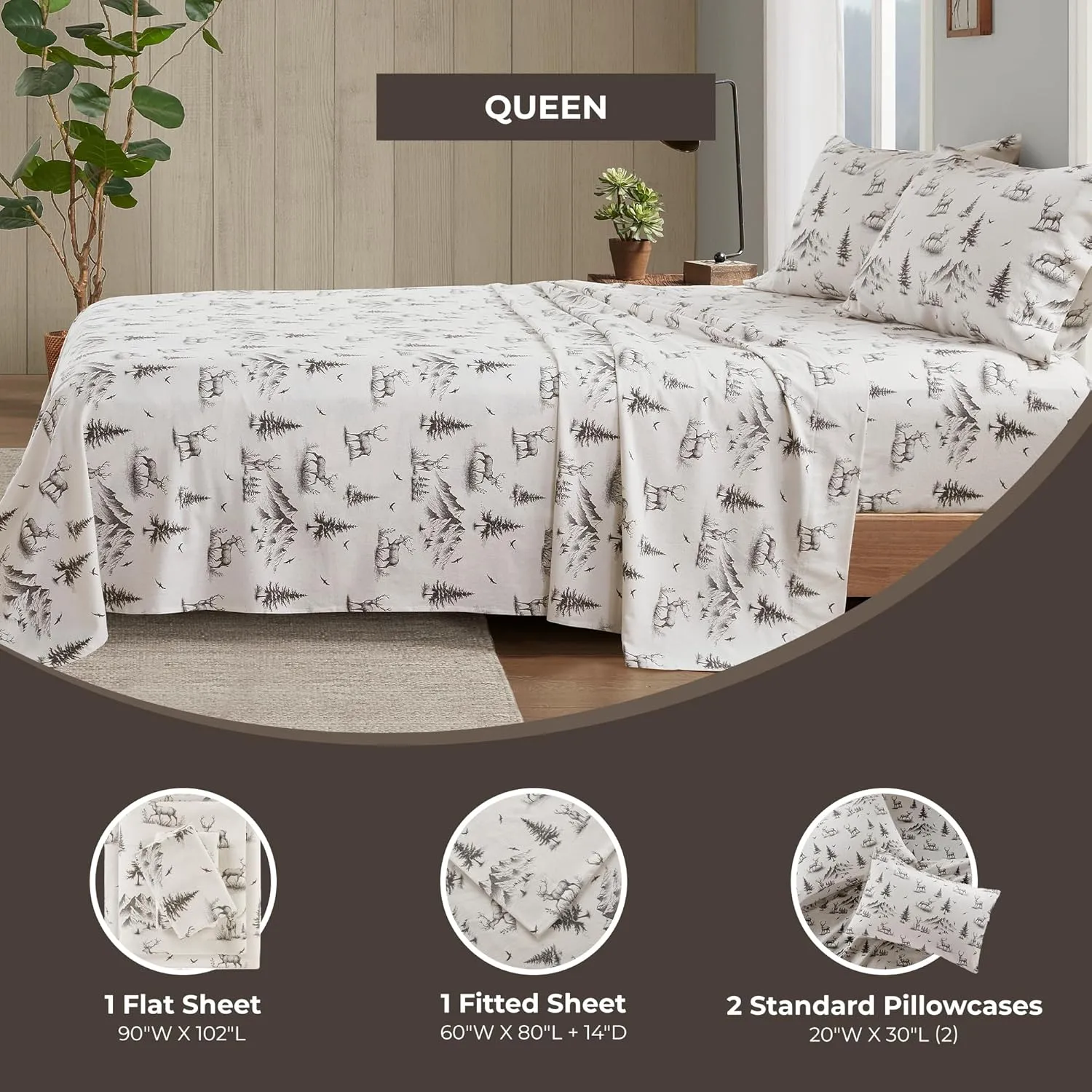 Woolrich Cotton Sheet Set Cottage Charms Print, 100% Cotton Flannel Sheets Warm & Fuzzy Bedding Set Queen Size Sheets, Fitted Pocket Fits Up to 14" Mattress, Queen Gray Deer Toile 4 Piece