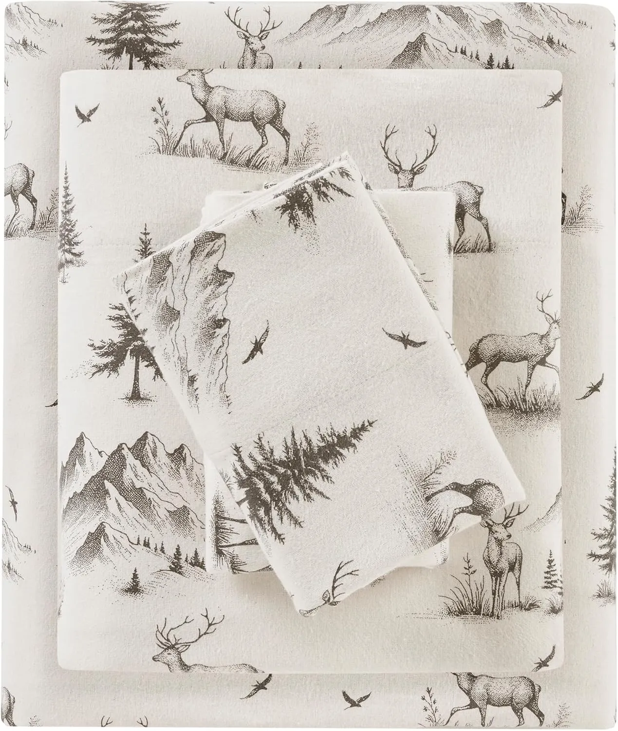 Woolrich Cotton Sheet Set Cottage Charms Print, 100% Cotton Flannel Sheets Warm & Fuzzy Bedding Set Queen Size Sheets, Fitted Pocket Fits Up to 14" Mattress, Queen Gray Deer Toile 4 Piece