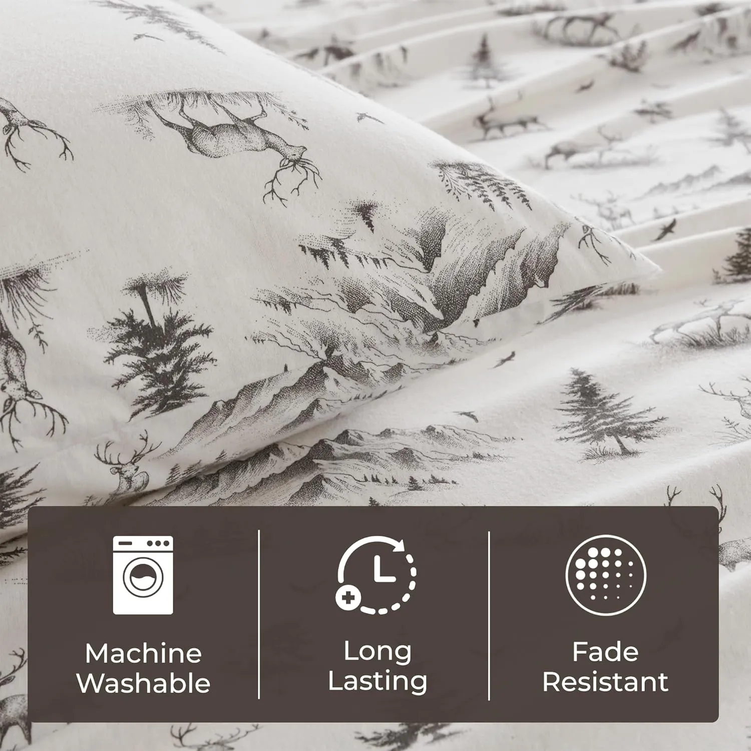Woolrich Cotton Sheet Set Cottage Charms Print, 100% Cotton Flannel Sheets Warm & Fuzzy Bedding Set Queen Size Sheets, Fitted Pocket Fits Up to 14" Mattress, Queen Gray Deer Toile 4 Piece