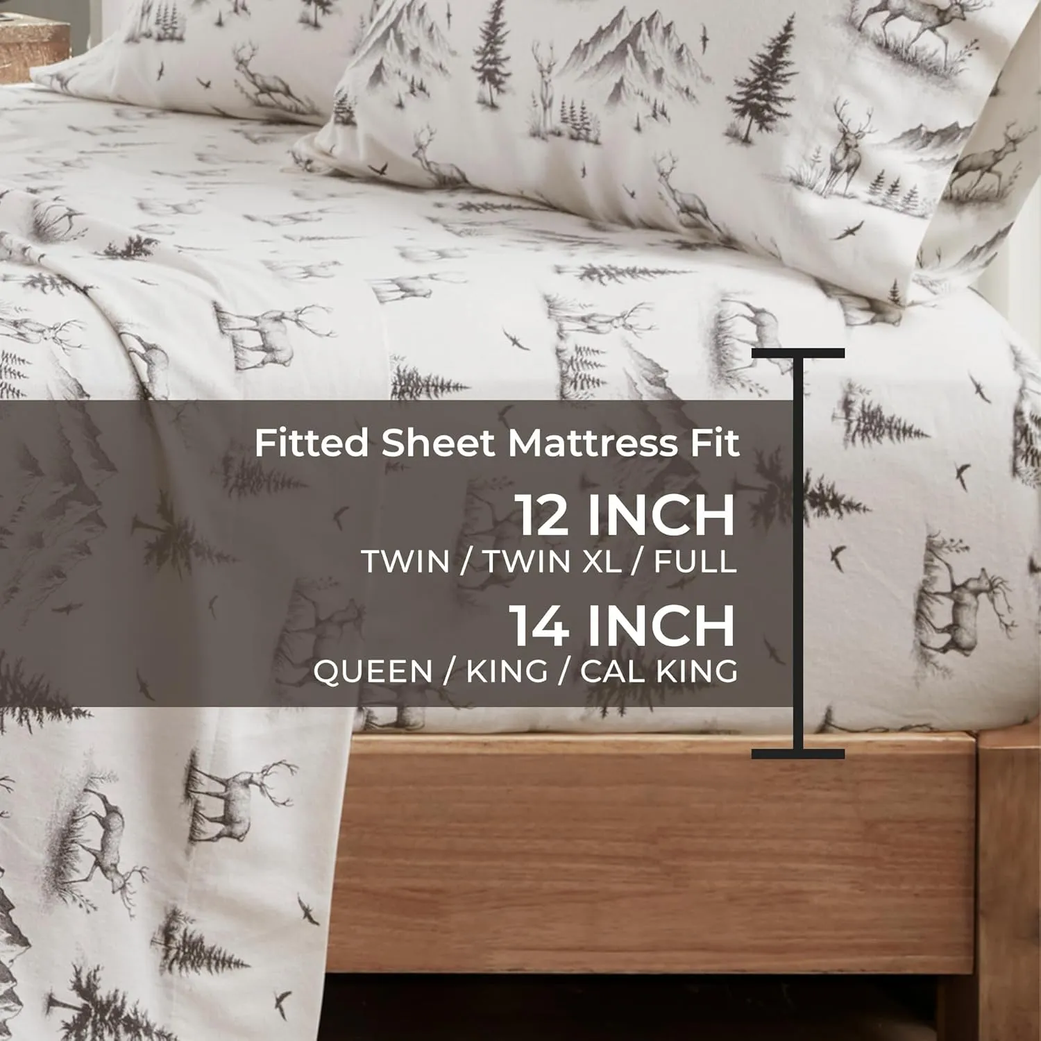 Woolrich Cotton Sheet Set Cottage Charms Print, 100% Cotton Flannel Sheets Warm & Fuzzy Bedding Set Queen Size Sheets, Fitted Pocket Fits Up to 14" Mattress, Queen Gray Deer Toile 4 Piece